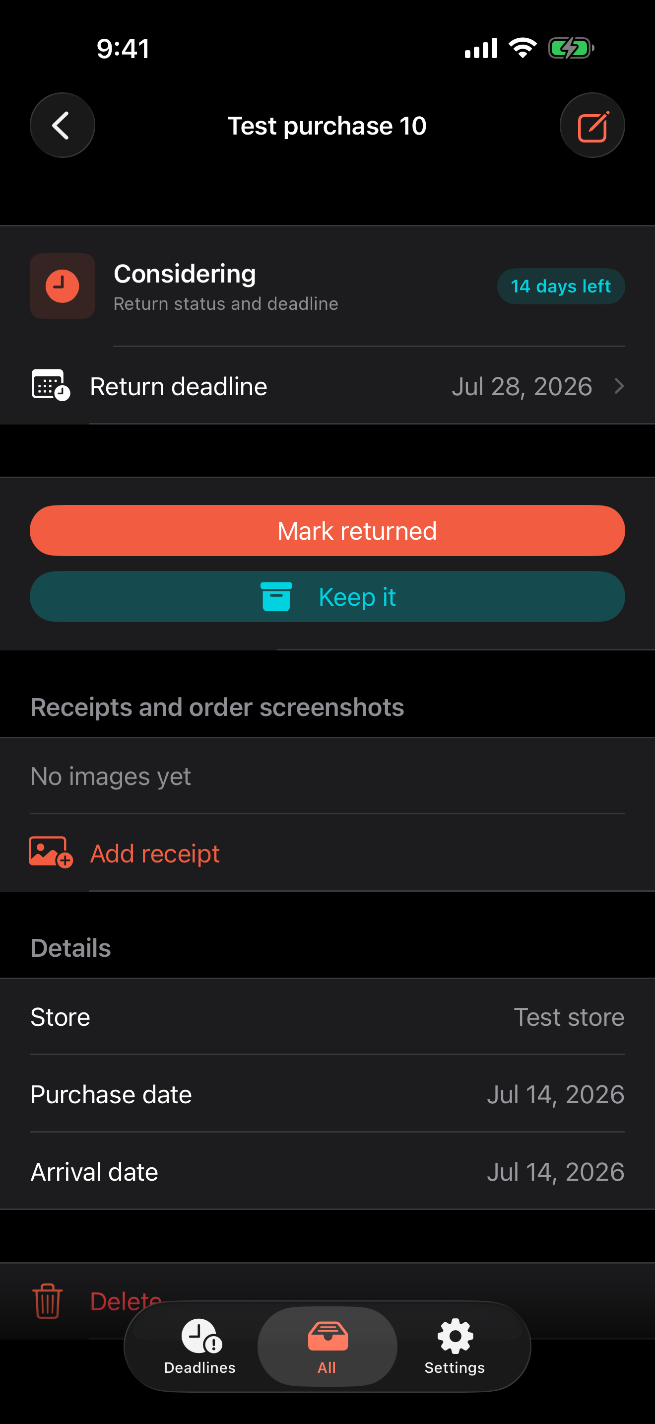 Return Memo detail screen